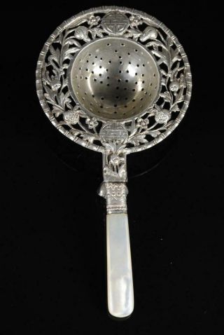 Antique Chinese Export Silver Tea Strainer W Mother - Of - Pearl Handle,  Mark