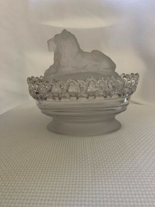 Antique Imperial Crystal & Frosted Glass Covered Dish W/ Lion Lid & Lattice Edge