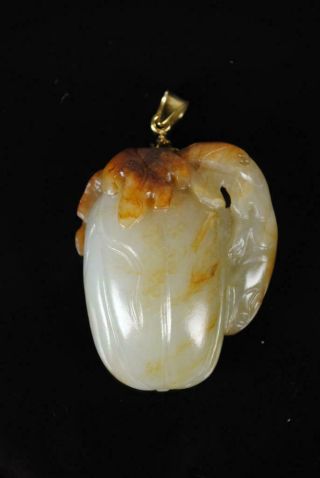 Rare Antique Chinese White & Russet Jade Carved Pendant In Mellon Form,  18k Gold