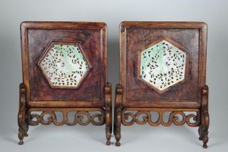 2 Antique Chinese Jadeite Reticulated Carved Plaque W Wood Stand Table Screens