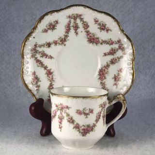 Antique A.  Lanternier Limoges Tea Demitasse Cup And Saucer Roses Sash Gold Trim