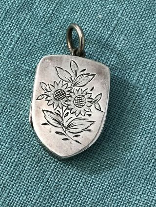 Antique Victorian Crest Shaped Sterling Silver Locket With Etched Sunflowers