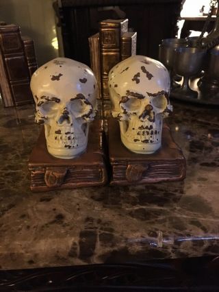 Antique Bronze - Clad Skull And Grimoire Bookends By Armor Bronze Co,  Circa 1922