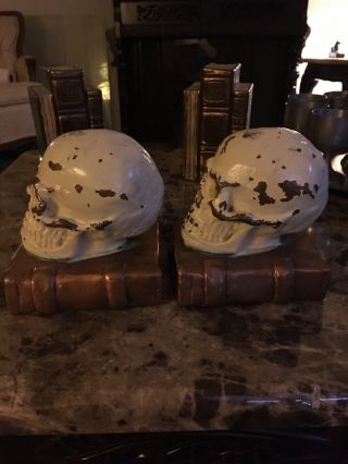 Antique bronze - clad skull and grimoire bookends by Armor Bronze Co,  circa 1922 2