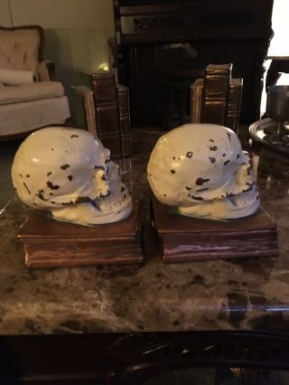 Antique bronze - clad skull and grimoire bookends by Armor Bronze Co,  circa 1922 4