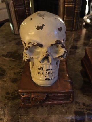 Antique bronze - clad skull and grimoire bookends by Armor Bronze Co,  circa 1922 7