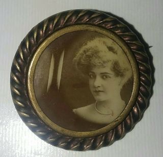 Antique 1900 Victorian Mourning Brooch Young Lady Portrait Photo Gold Filled Pin