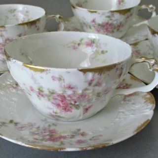4 Antique Haviland Limoges Porcelain Cups & Saucers Wispy Pink Flowers Gilt Trim