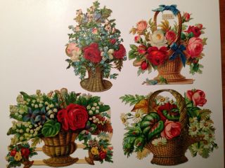 4 Antique Victorian Scraps Of Baskets Of Flowers