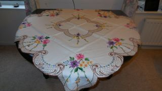 Vintage 1950.  S Hand Embroidered Table Cloth