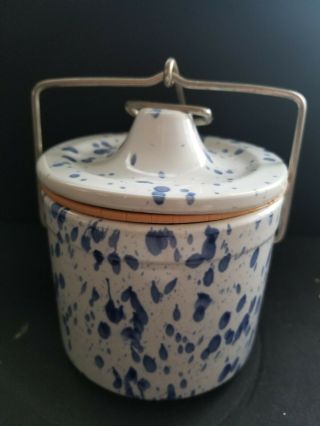 Vintage Blue And White Mottled Kitchen Crock With Wire Closure