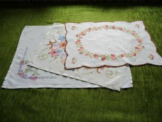 Vintage Tray Cloths - Hand Embroidered - Col.  Of 3 - Linen
