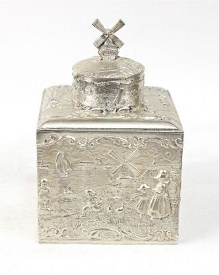 Dutch Silver Plate Tea Caddy Box With Embossed Dutch Motif Scenes