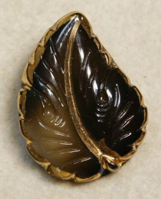 Antique Vtg Button Realistic German Glass Leaf Browns W Gold 3/4 S1