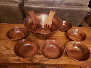 Fitzhugh Solid Walnut Vintage Wood Salad Bowls 6” Set 6,  Big Bowl,  Server Forks