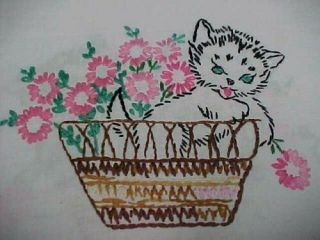 Vintage Antique Hand Crocheted Embroidered Kitty Cat Dresser Scarf Runner 14x34 "