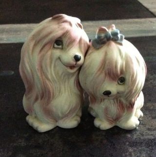 Cute Vintage Maltese Dog Salt Pepper Shakers Set Lefton Japan Porcelain Figurine