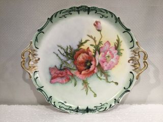 1899 Limoges Hand Painted Artist Signed 2 Handled Porcelain Tray Poppie Flowers