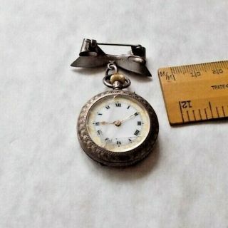 Victorian Foilate Engraved Silver Fob Watch & Bow Design Silver Clasp.