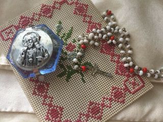 † Vintage Antique Tiny Rosary Case & Glass Mini Infant Beads Pendant Locket †