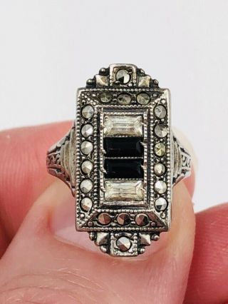 Antique Art Deco Sterling Marcasite Clear & Black Rhinestones Ring Size 6.  5
