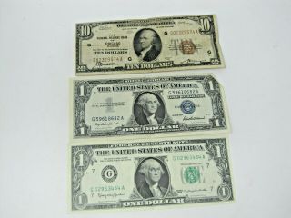 (3) Federal Reserve Bank Of Chicago 1929 10 Dollar Note,  1957 1963 1 Dollar