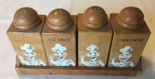 Wooden Spice Rack Antique Vintage With 4 Wooden Shackers With Chef Painting