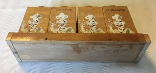 Wooden Spice Rack Antique Vintage with 4 Wooden Shackers with Chef Painting 3