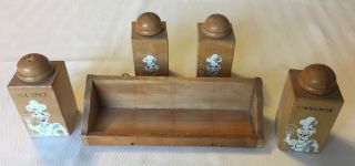 Wooden Spice Rack Antique Vintage with 4 Wooden Shackers with Chef Painting 4