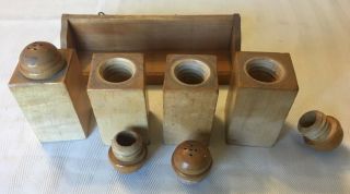 Wooden Spice Rack Antique Vintage with 4 Wooden Shackers with Chef Painting 7
