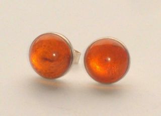 Antique Vintage Cabochon Amber & Silver Stud Earrings
