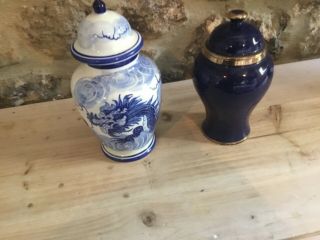 Chinese Blue And White Dragon Ginger Jar And Blue Gold Ginger Jar