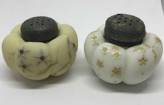Antique Delicately Hand Painted Floral Milk Glass Salt & Pepper Shakers