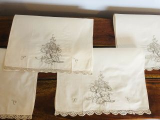 Set Of 4 Vintage Embroidered Linen Chair Back Covers With Crochet Edge.