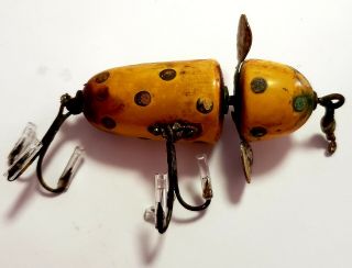 Antique Vintage Pflueger Wooden Fishing Lure 3750 Jointed Wood Globe Yellow Gold