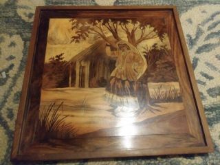 16 " Square Inlaid Wall Plaque Wood Lady Leaning On Tree Wonderful Graining &.