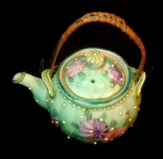 Vintage Chinese Celadon Miniature Teapot W/lid Featuring Floral Decorations