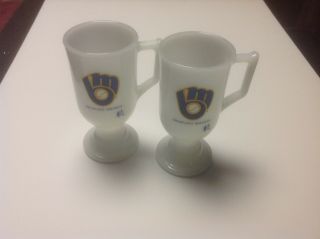 Vintage Milwaukee Brewers Milk Glass Pedastal Style Coffee Mugs Set Of Two