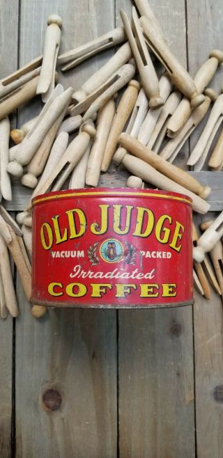 Antique Wood Clothes Pin Laundry Wash Vintage Clothespins & Old Judge Coffee Tin