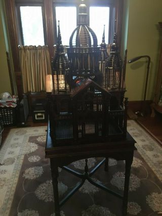Vintage Mahogany Wood Bird Cage Sacre Couer Cathedral W/ Table 6 Foot Tall