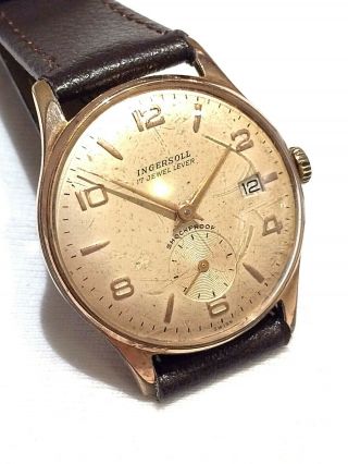 Vintage Swiss Ingersoll 17 Jewel Lever Mens Gold Plated Watch Ft Date & Sub Dial