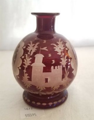 Thriftchi Antique Cranberry Glass Vase With Ornate Etched Castle & Stag