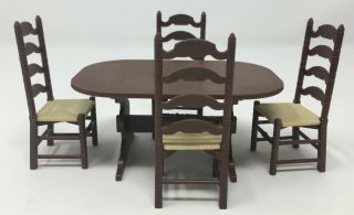 Vtg 1982 Dollhouse Miniature Cpg Brown Plastic Table 4 Chairs Made In Hong Kong
