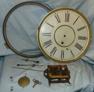 Antique Brass Waterbury Wall Clock Movement,  Dial,  Hands,  Key,  Pendulum & More