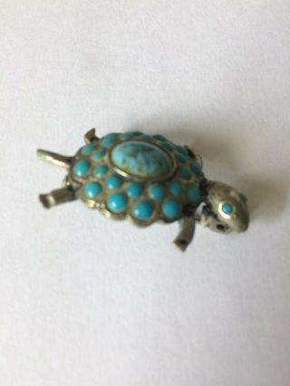 Antique Vintage Tortoise Terrapin Brooch Turquoise Stone Costume Jewellery