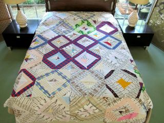 Full Vintage Hand Pieced Old Cotton & Feed Sack String X - Pattern Quilt Top Good