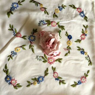 Pretty Bright Florals Vintage Hand Embroidered Rayon Cushion Cover 18 X 18 "