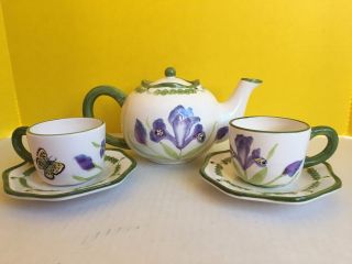 Fib Burton & Burton Teapot - - With 2 Cups And Saucers Butterfly And Flowers