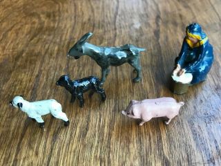 5 Vintage Antique Metal Cast Iron Miniature Pig Goat 2 Lamb Woman Farm Figurines