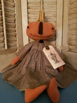 Primitive Pumpkin Doll W/ Real Dried Stem Harvest Fall Halloween